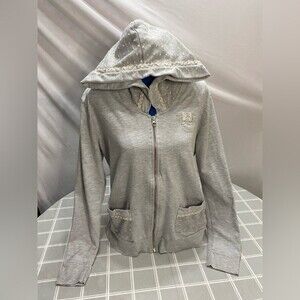 Disney Parks Minnie Mouse Hooded Sweatshirt Gray Size L Polka Dot Lace Detail